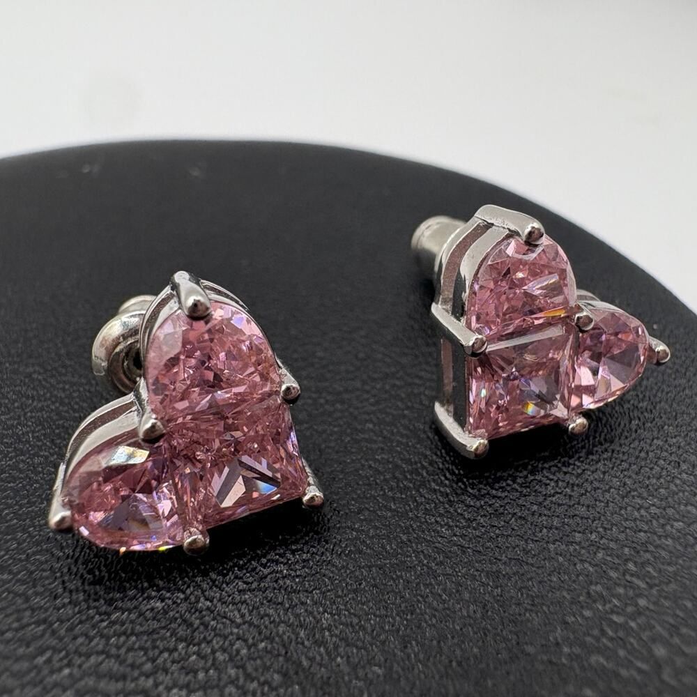 925 Sterling Silver Lab-Created Pink Sapphire Heart Halo Earrings - Picture 1 of 6